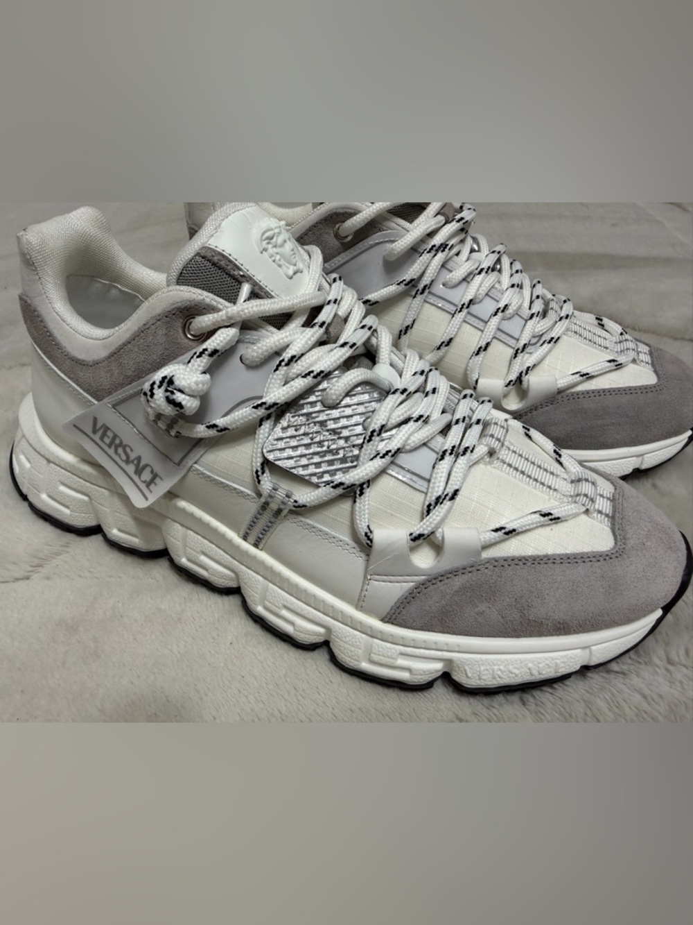 NEW! Versace Trigreca Grey Leather and White Men’s Athletic Sneakers 43 10.5